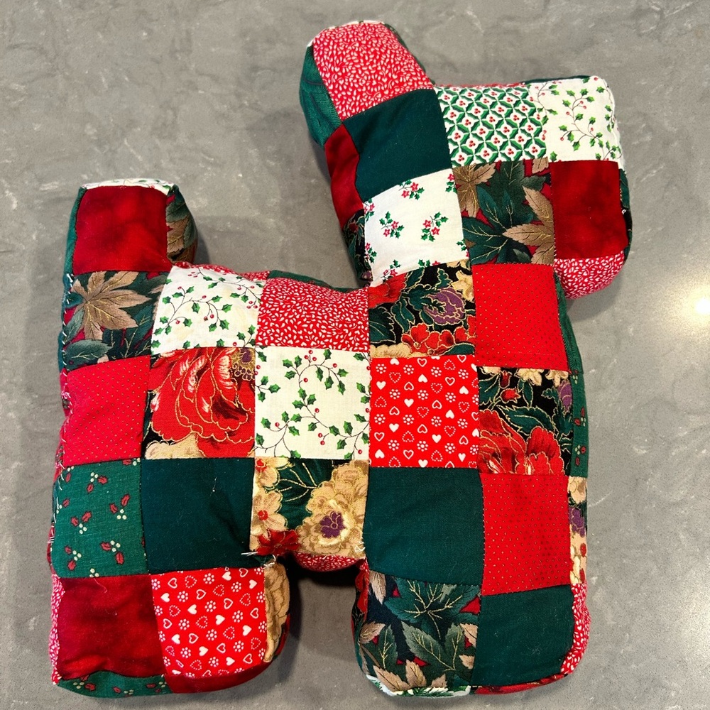 Vintage Handmade Patchwork Dog Pillow Plush Scottie Dog Stuffed 13x12x3 inch
